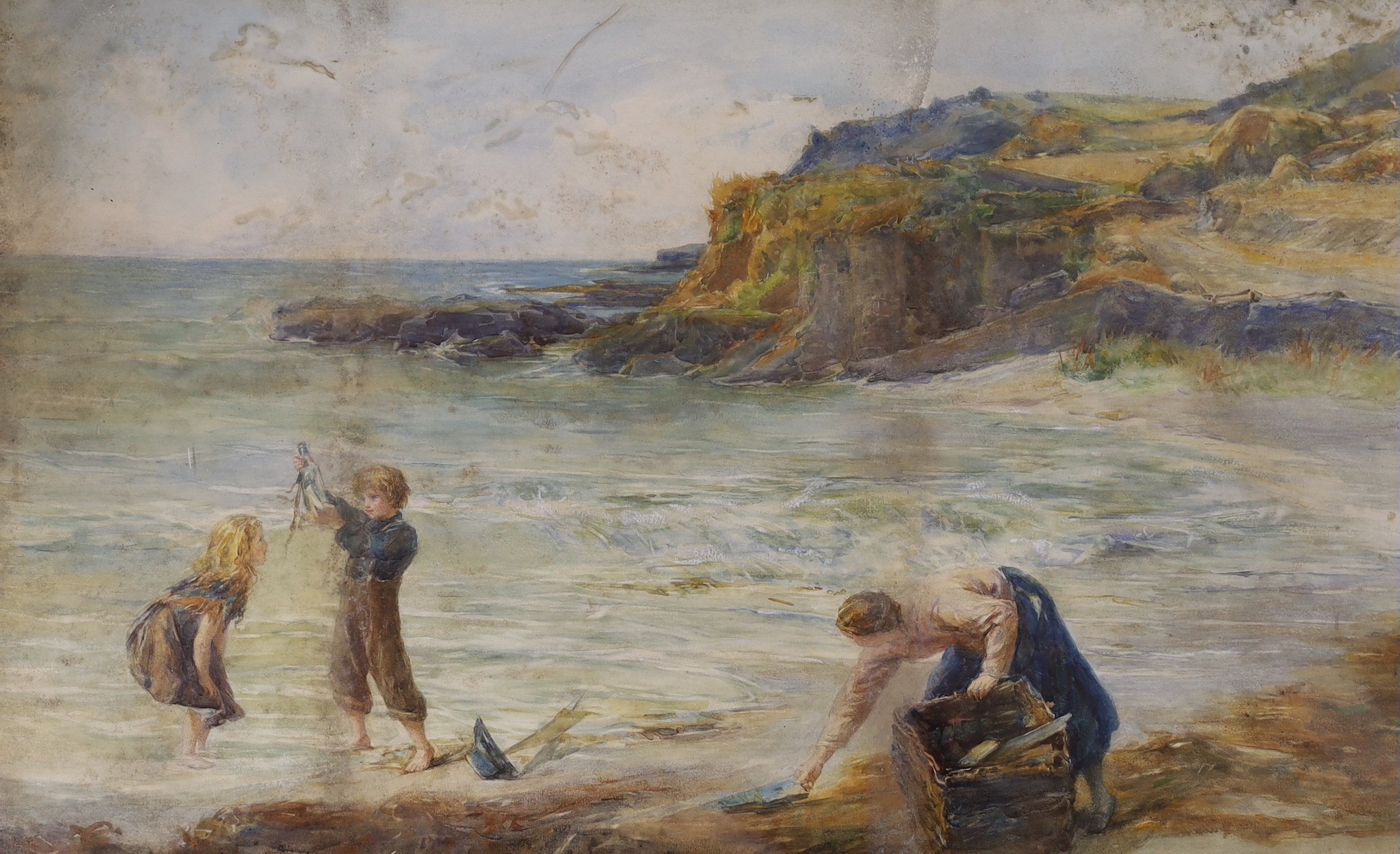 English School c.1900, watercolour, Mother and children on the beach, 46 x 75cm